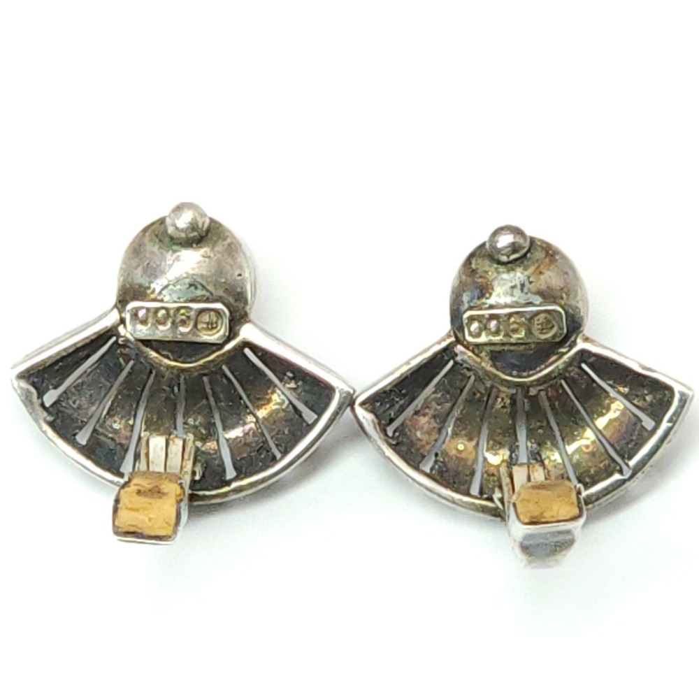 Signed TF Theodor Fahrner Clip on Earrings Pearl Marcasite Stone Fan 900 Silver - Picture 7 of 13